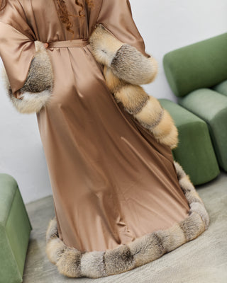 Luxury Extra-Long Silk Robe with Golden Island Fox Fur Trim