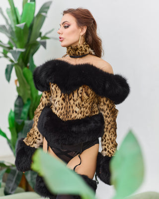 Leopard-themed Fox Fur Trimmed Corset with Collar