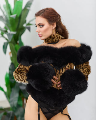Leopard-themed Fox Fur Trimmed Corset with Collar
