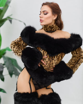 Leopard-themed Fox Fur Trimmed Corset with Collar