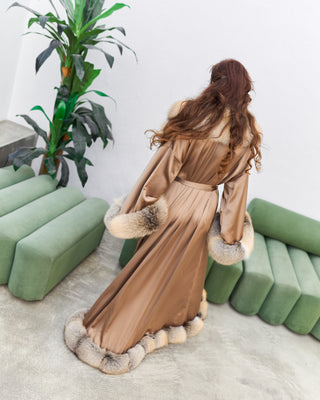 Luxury Extra-Long Silk Robe with Golden Island Fox Fur Trim