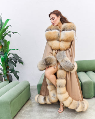 Luxury Extra-Long Silk Robe with Golden Island Fox Fur Trim
