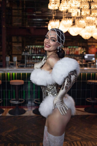'Electric Sparkle' Golden High-Cut Corset with Plush Fox Fur
