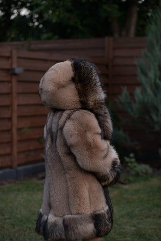 Saga Blue Fox Fur Coat with Finn Raccoon Fur Trim