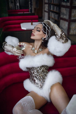 'Electric Sparkle' Golden High-Cut Corset with Plush Fox Fur