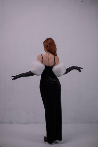 Blue Fox Fur Trimmed Satin Gloves – Double Wide Fur Cuffs