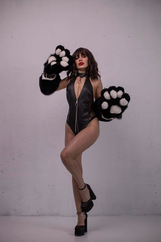 Saga Blue Fox & Rex Rabbit Fur Paws with Leather Belts - Long Arm-Length Gloves