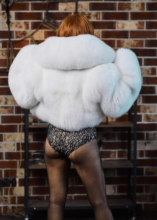 Saga White Fox Fur Short Coat 'Rafaello' — Cropped Jacket with Oversized Shawl Collar