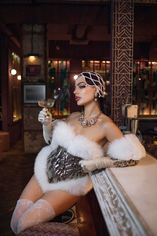 'Electric Sparkle' Golden High-Cut Corset with Plush Fox Fur