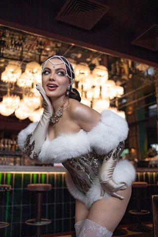 'Electric Sparkle' Golden High-Cut Corset with Plush Fox Fur