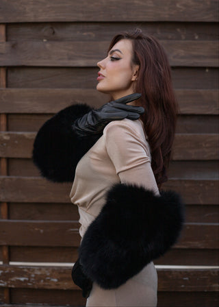Long Leather Gloves with Detachable Fox Fur Cuffs