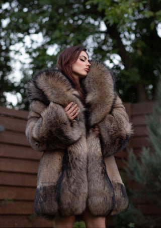 Saga Blue Fox Fur Coat with Finn Raccoon Fur Trim