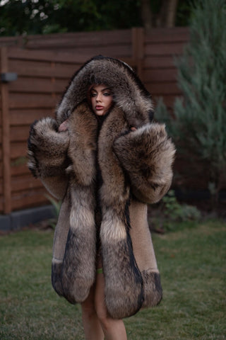 Saga Blue Fox Fur Coat with Finn Raccoon Fur Trim
