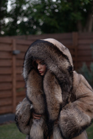 Saga Blue Fox Fur Coat with Finn Raccoon Fur Trim