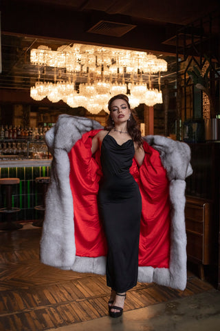 Long Saga Blue Fox Coat with Trimmed Collar & Sleeves 'Crimson Queen'