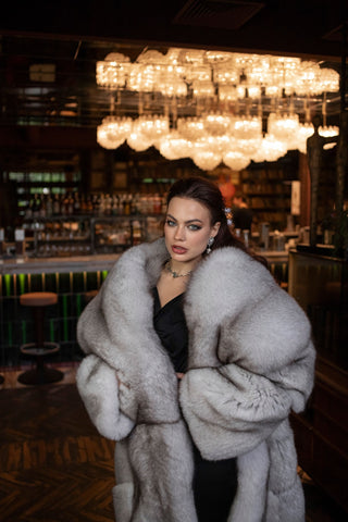 Long Saga Blue Fox Coat with Trimmed Collar & Sleeves 'Crimson Queen'