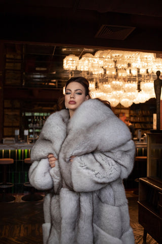 Long Saga Blue Fox Coat with Trimmed Collar & Sleeves 'Crimson Queen'