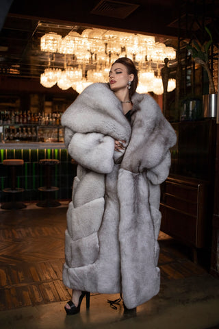 Long Saga Blue Fox Coat with Trimmed Collar & Sleeves 'Crimson Queen'