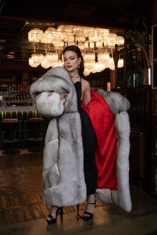 Long Saga Blue Fox Coat with Trimmed Collar & Sleeves 'Crimson Queen'