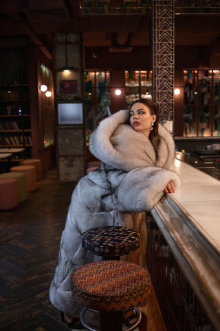 Long Saga Blue Fox Coat with Trimmed Collar & Sleeves 'Crimson Queen'