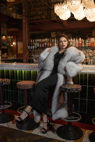 Long Saga Blue Fox Coat with Trimmed Collar & Sleeves 'Crimson Queen'