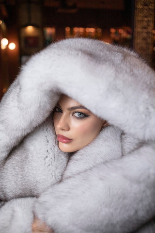 Long Saga Blue Fox Coat with Trimmed Collar & Sleeves 'Crimson Queen'
