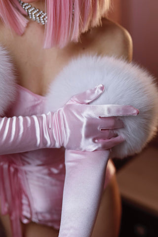 Blue Fox Fur Trimmed Satin Gloves 'Long Love'
