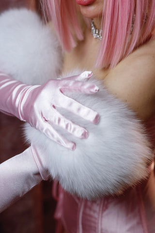 Blue Fox Fur Trimmed Satin Gloves 'Long Love'