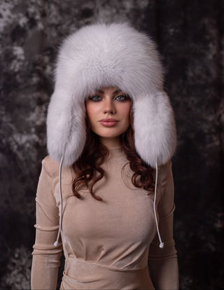 Full Fur Saga Albino Fox Trapper Hat 'Vushanka'