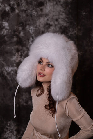 Full Fur Saga Albino Fox Trapper Hat 'Vushanka'
