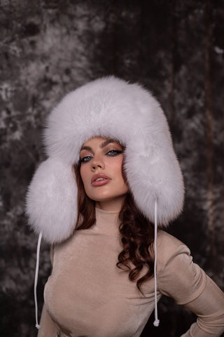 Full Fur Saga Albino Fox Trapper Hat 'Vushanka'