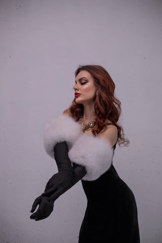 Blue Fox Fur Trimmed Satin Gloves – Double Wide Fur Cuffs
