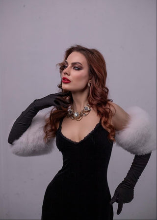 Blue Fox Fur Trimmed Satin Gloves – Double Wide Fur Cuffs