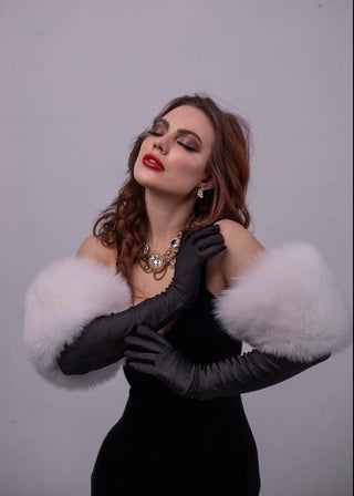 Blue Fox Fur Trimmed Satin Gloves – Double Wide Fur Cuffs