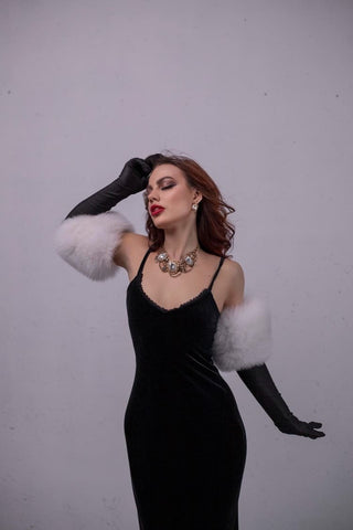 Blue Fox Fur Trimmed Satin Gloves – Double Wide Fur Cuffs