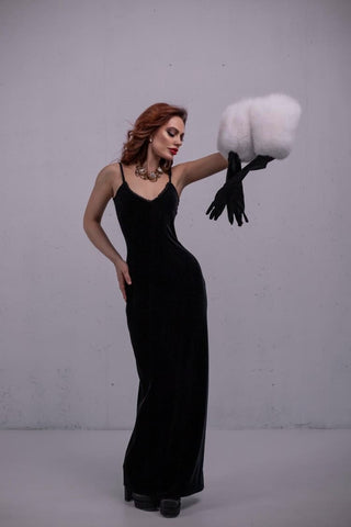 Blue Fox Fur Trimmed Satin Gloves – Double Wide Fur Cuffs