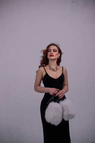 Blue Fox Fur Trimmed Satin Gloves – Double Wide Fur Cuffs