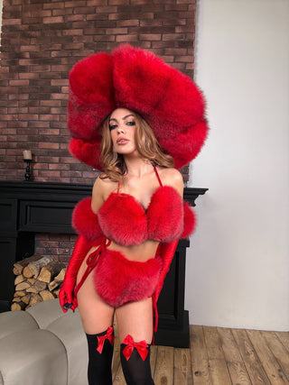 Fiery Red Saga Blue Fox Fur Bra & Bikini Set