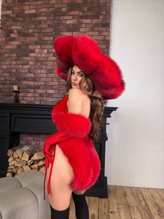 Blue Fox Fur Trimmed Satin Gloves 'Long Love' - Red