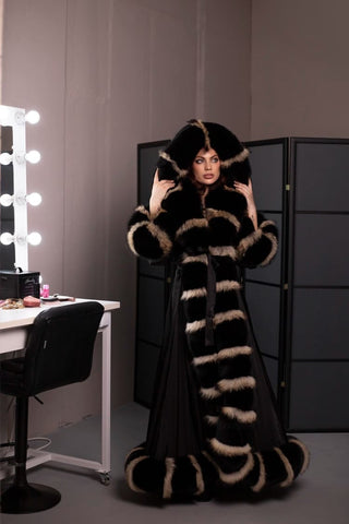 Double-Sided Fur-Trimmed Silk Robe with Full Fur Hood