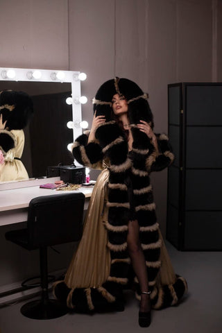 Double-Sided Fur-Trimmed Silk Robe with Full Fur Hood
