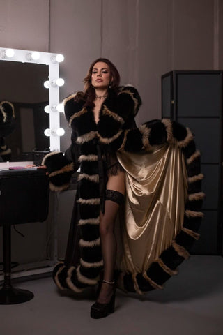 Double-Sided Fur-Trimmed Silk Robe with Full Fur Hood