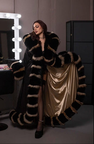 Double-Sided Fur-Trimmed Silk Robe with Full Fur Hood