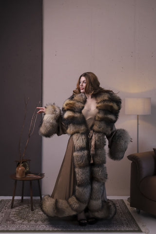Gorgeous Finn Raccoon Fur Trimmed Nightgown – Luxury Floor-Length Robe
