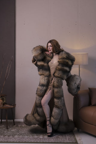 Gorgeous Finn Raccoon Fur Trimmed Nightgown – Luxury Floor-Length Robe