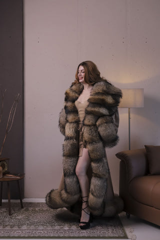 Gorgeous Finn Raccoon Fur Trimmed Nightgown – Luxury Floor-Length Robe