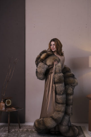 Gorgeous Finn Raccoon Fur Trimmed Nightgown – Luxury Floor-Length Robe