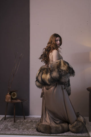 Gorgeous Finn Raccoon Fur Trimmed Nightgown – Luxury Floor-Length Robe