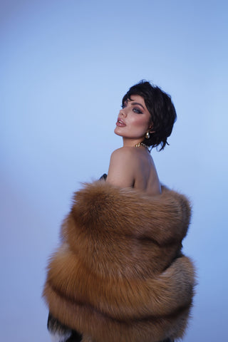 Saga Red Fox Fur Lined Stole-Coat – Luxury Fur Wrap with Slits & Detachable Tails