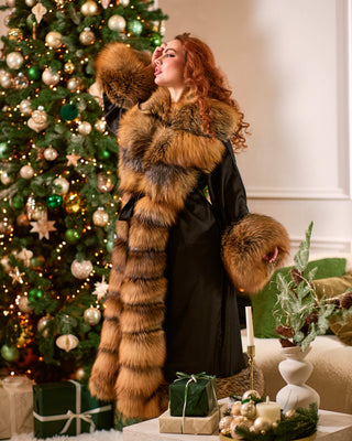 Luxury Extra-Long Silk Robe with Cross Fox Fur Trim
